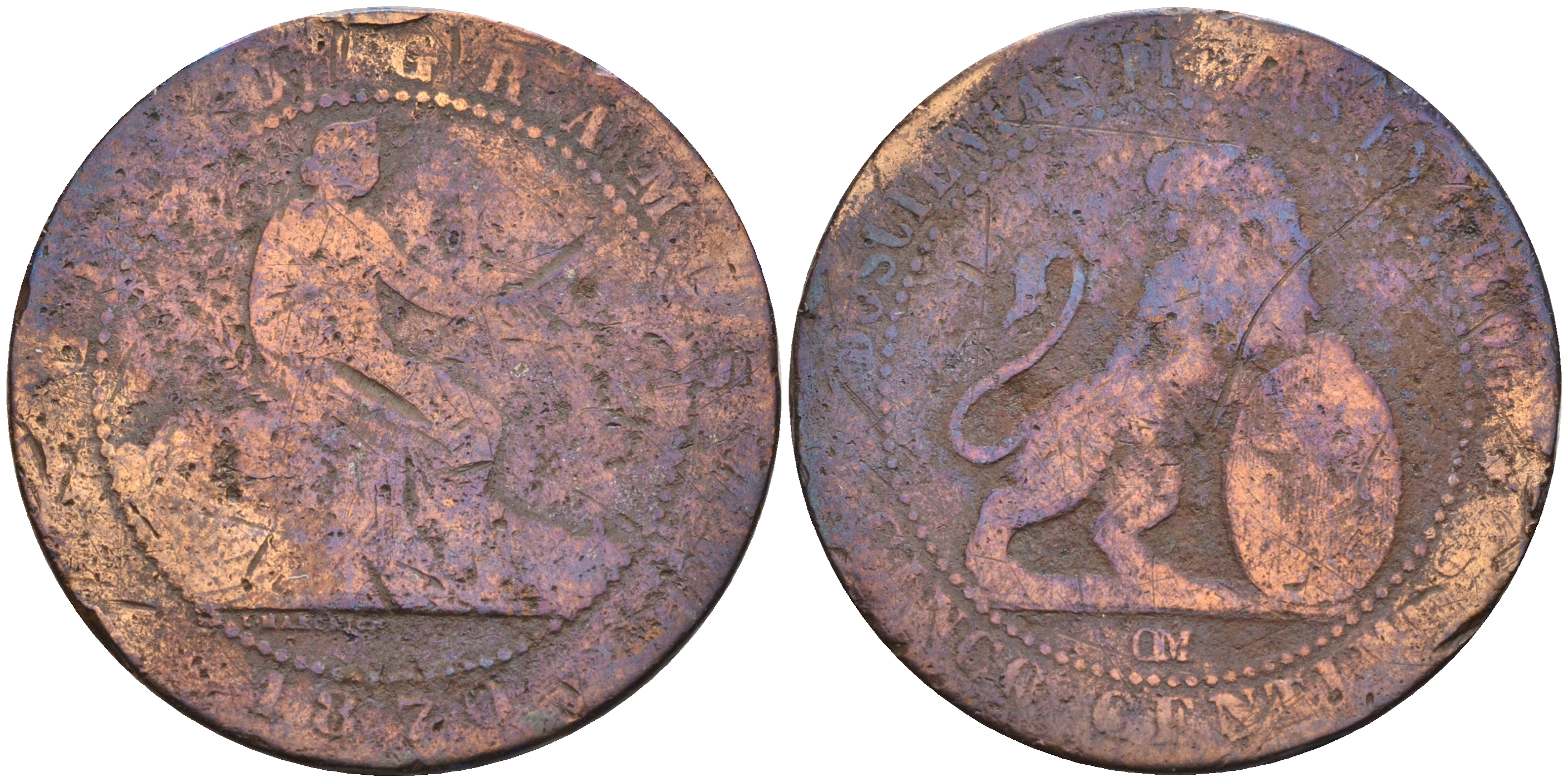 Испания 5 сентимо 1870 ОМ, лев со щитом KM 662 (Y53) медь 4589-845