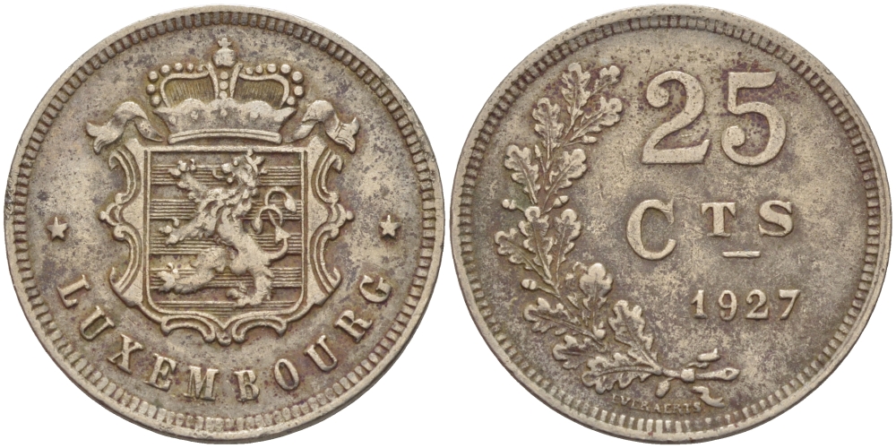 ЛЮКСЕМБУРГ 25 САНТИМОВ 1927 KM 37 медно-никель 24-332