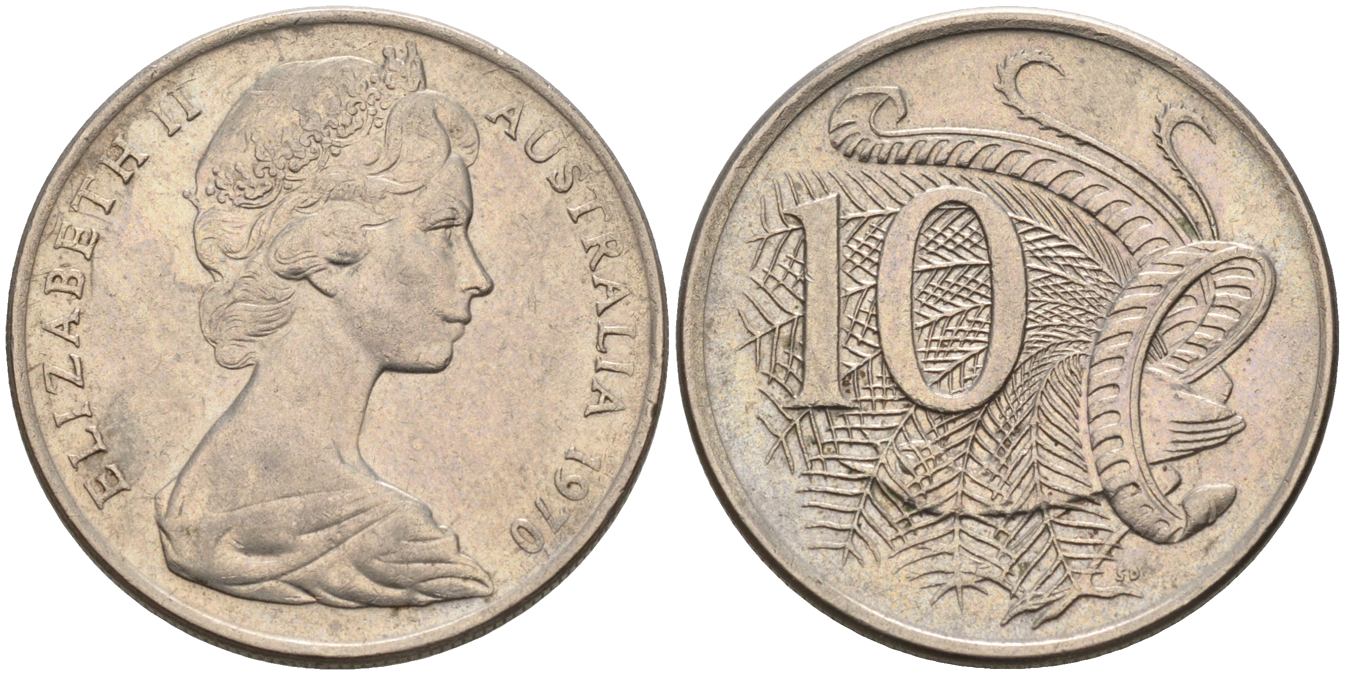 Австралия 10 центов 1970 Елизавета II (1952-), птица лирахвост KM 65 медно-никель 4566-454