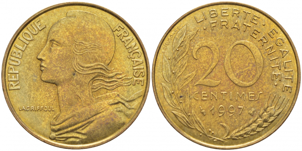 ФРАНЦИЯ 20 САНТИМОВ 1997 KM 930 медь алюминий никель 3856-1125