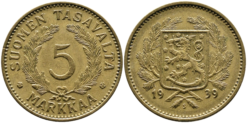 Финляндия 5 марок 1939 S KM 31 алюминиевая бронза 4388-1023