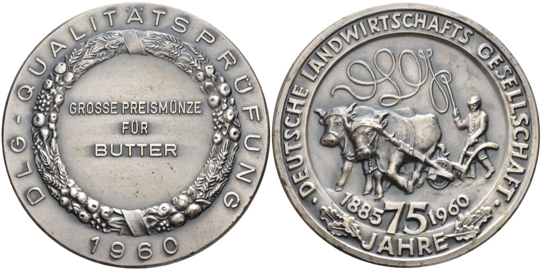 Германия медаль 1960 СЕЛЬСКОХОЗЯЙСТВЕННОГО ОБЩЕСТВА, ГЛАВНЫЙ ПРИЗ КОНТРОЛЯ КАЧЕСТВА ЗА СЛИВОЧНОЕ МАСЛО, диаметр 61 мм., 75 ЛЕТ DLG (1885-1960) белый металл 1069-1-13