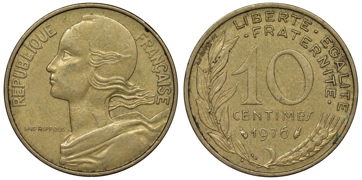 Франция 10 сантимов 1976 тип Marianne KM 929, Le Franc 144.16 медь алюминий никель 4128-211