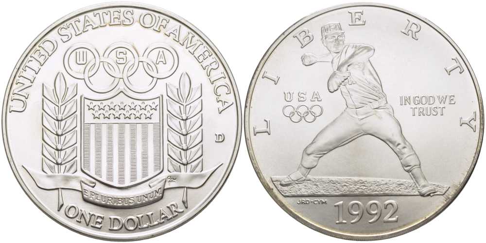 США 1 доллар 1992 D, Олимпийские игры, бейсбол KM 234 серебро UNC 1078-9-23