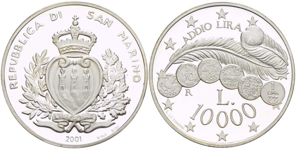 Сан-Марино 1000 лир 2001 R, последний выпуск лировой системы KM 436 серебро PROOF 00-000-00
