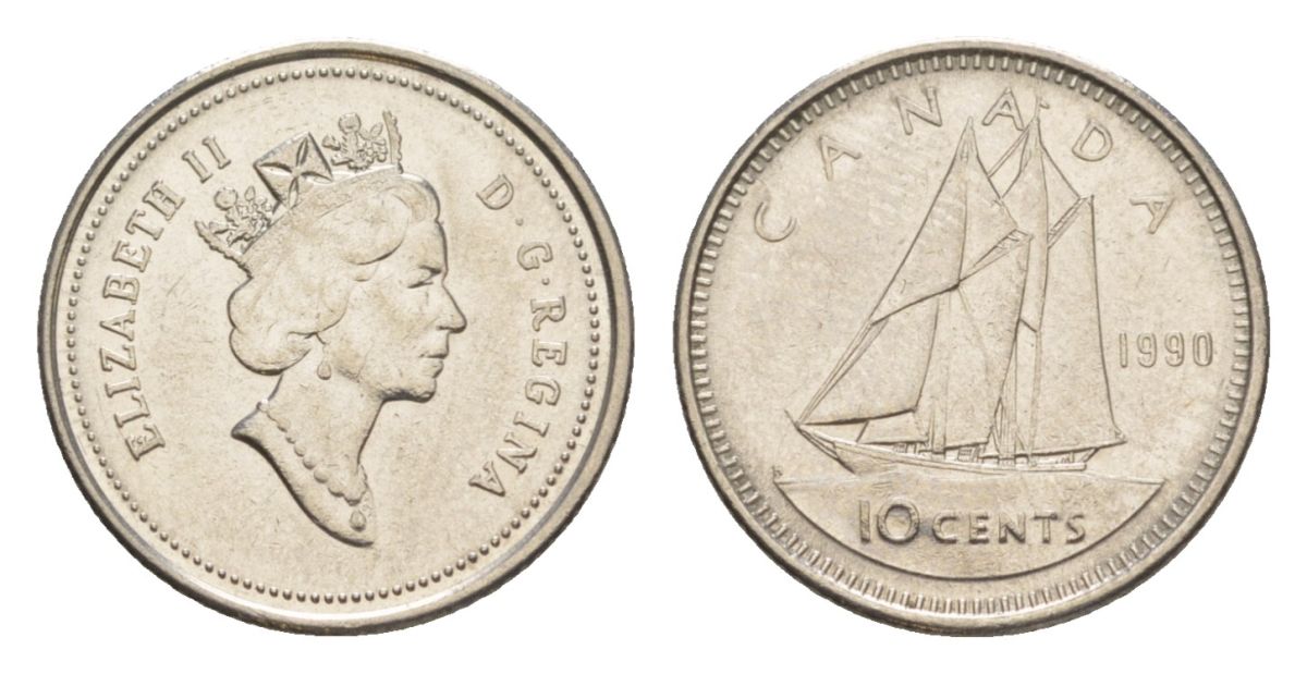 Канада 10 центов 1990 Елизавета II (1952-2022), парусник KM 183 никель 4630-841