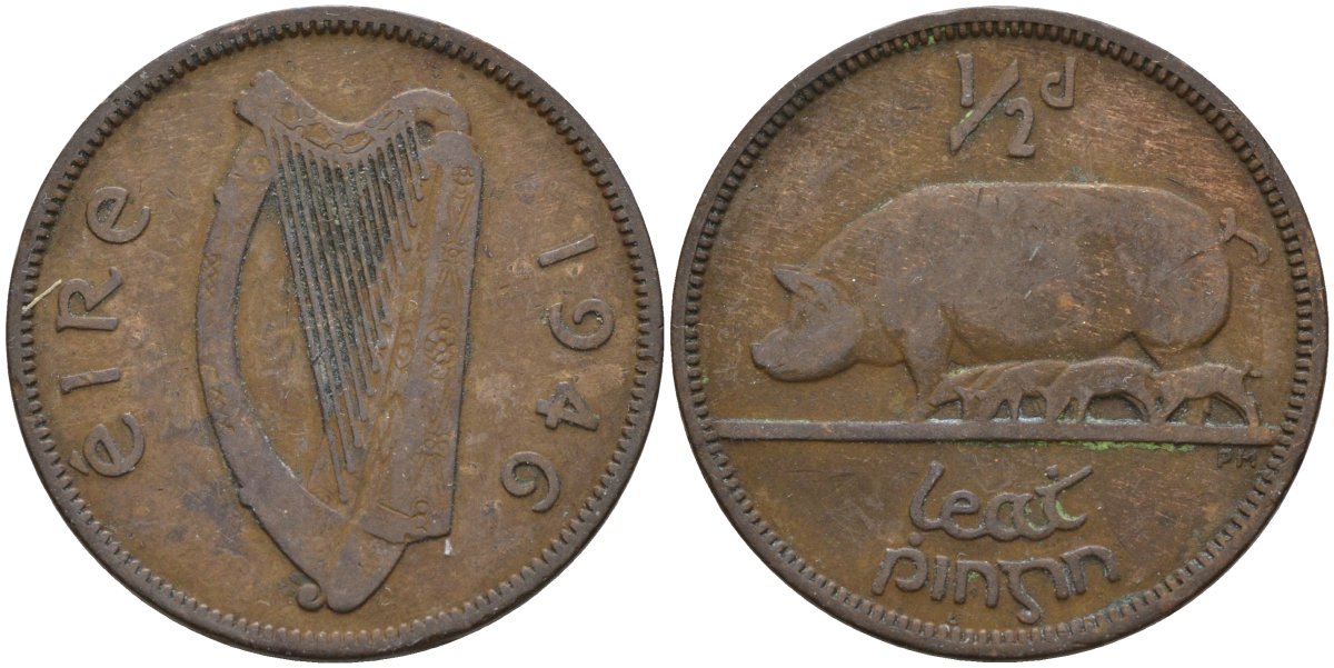 Ирландия 1/2 пенни 1946 свинья с поросятами KM 10 бронза 4146-542