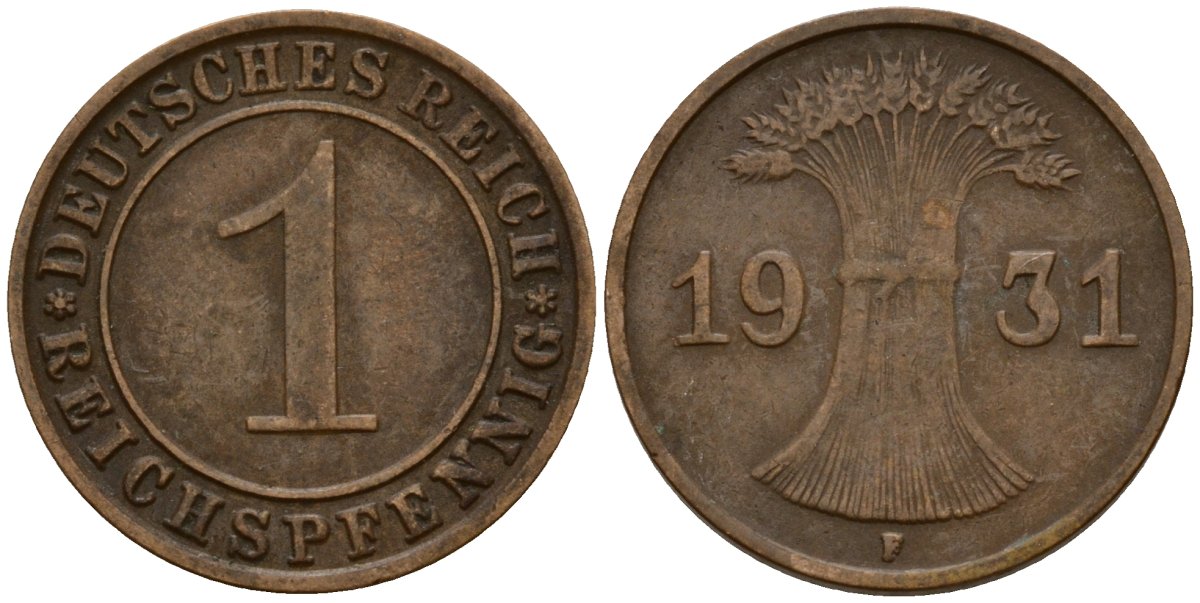 Германия 1 рейхспфенниг 1931 F KM 37, J. 313 бронза 4189-818