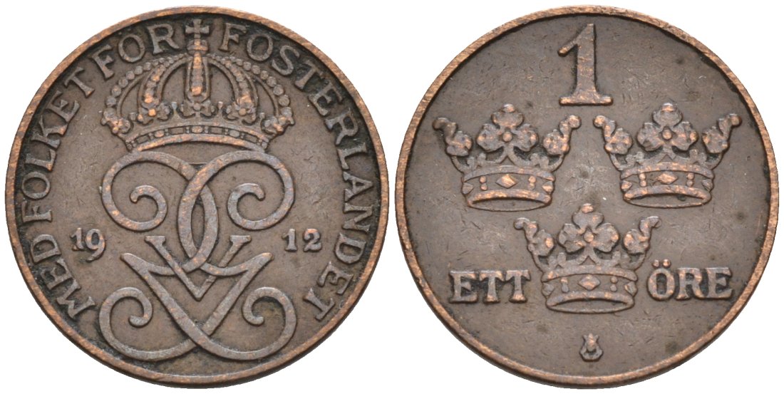 Швеция 1 эре 1912 Густав V (1907-1950) KM 777.2 бронза 188-1219