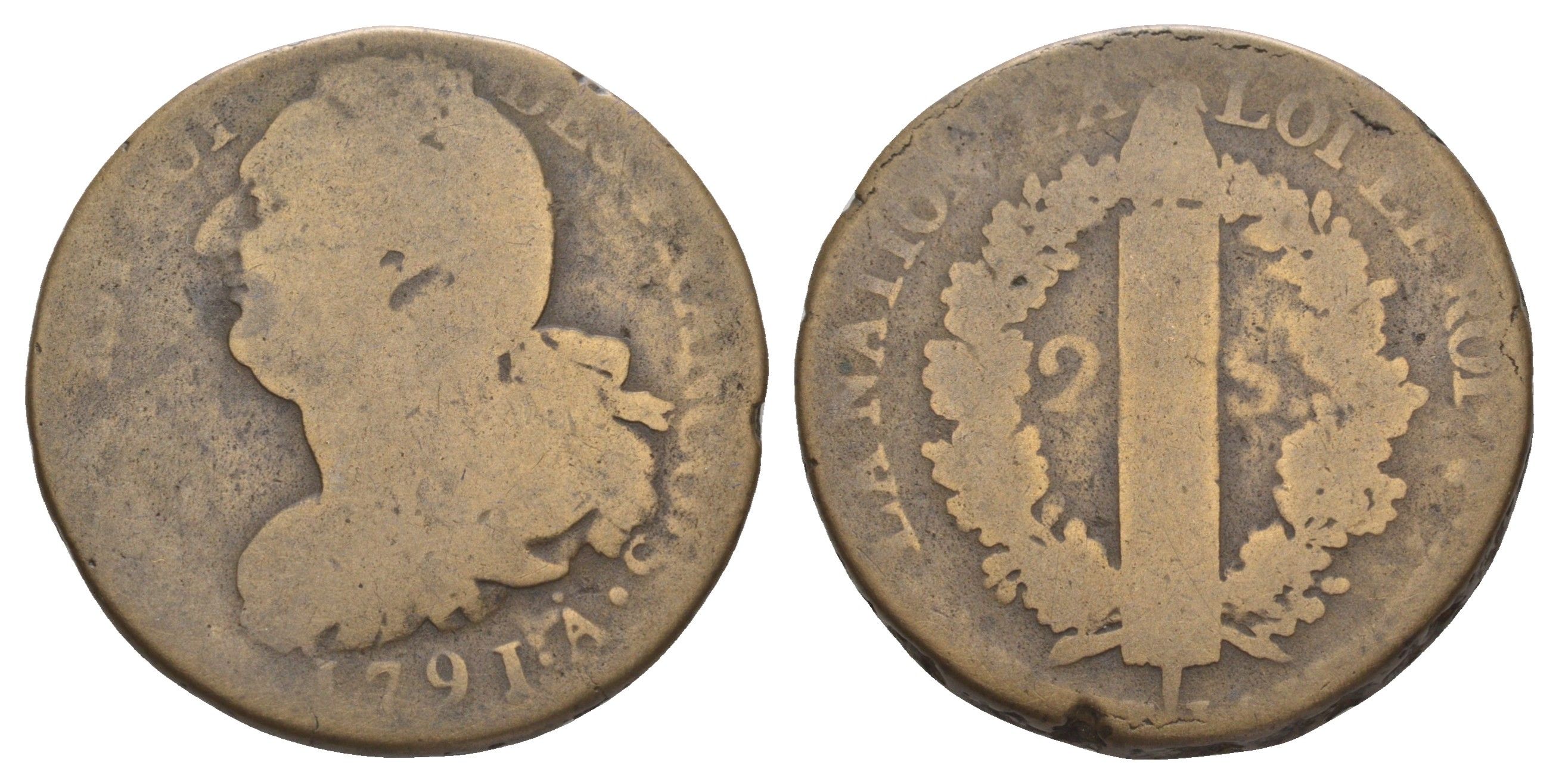 Франция 2 соля 1791 A, Людовик XVI (1774-1792) KM 603 бронза 69-1112