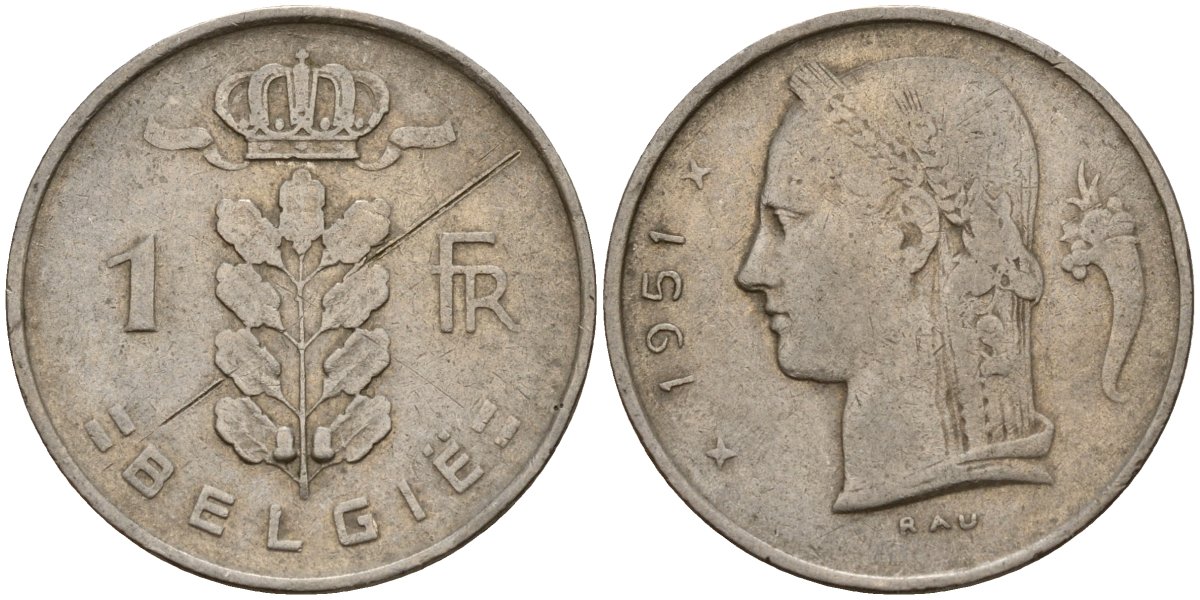 Бельгия 1 франк 1951 Belgique, Бодуэн I (1951-1993) KM 143 медно-никель 4156-627