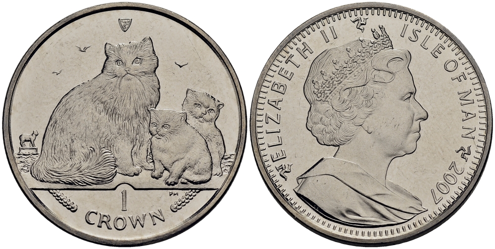 Остров Мэн 1 крона 2007 кошка рэгдолл с котятами КМ 1307.1 медно-никель UNC 118-314