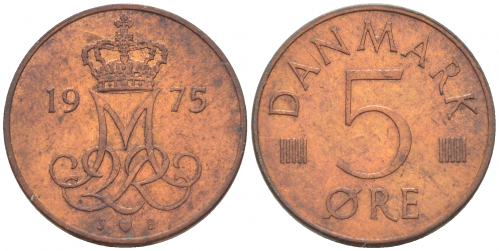 Дания 5 эре 1975 S; B, Маргрете II (1972- ) KM 859.1 железо плакированное медью 3718-346