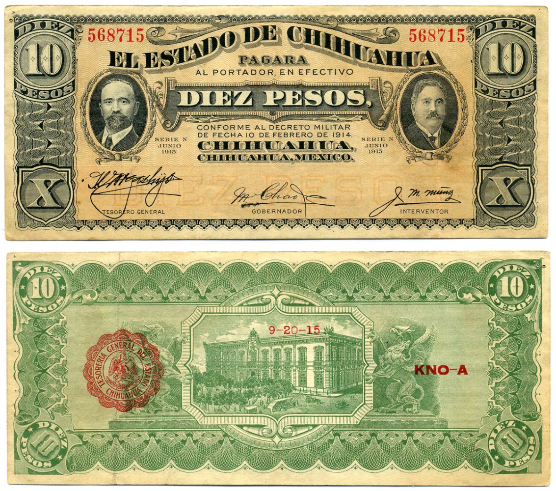 Мексика, Чиуауа 10 песо 1915 20 сентября 1915, серия N, красная печать слева, надпечатка KNO-A Pick S 535b бумага 8603-6-3-2