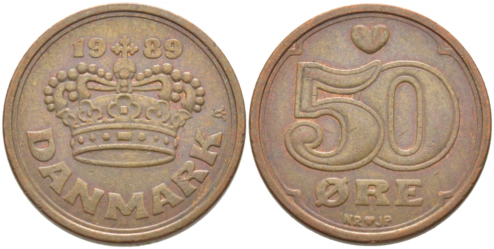 Дания 50 эре 1989 Маргрете II (1972- ) KM 866.1 бронза 3856-341