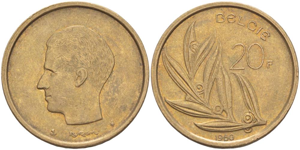 БЕЛЬГИЯ 20 ФРАНКОВ 1980 BELGIE, БОДУЭН I (1951-1993) KM 160 никель бронза 4546-242