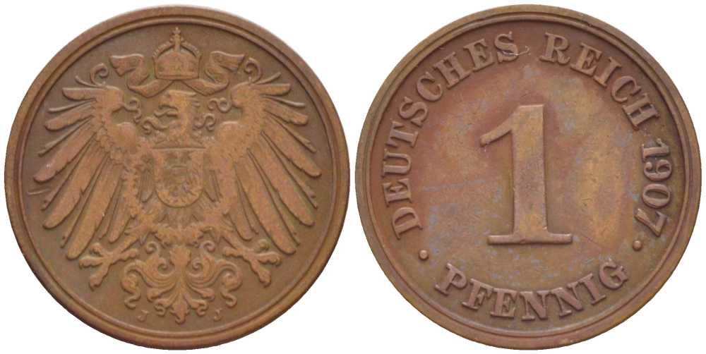ГЕРМАНИЯ 1 ПФЕННИГ 1907 J KM 10, J. 10, Weege 2 медь 211-354