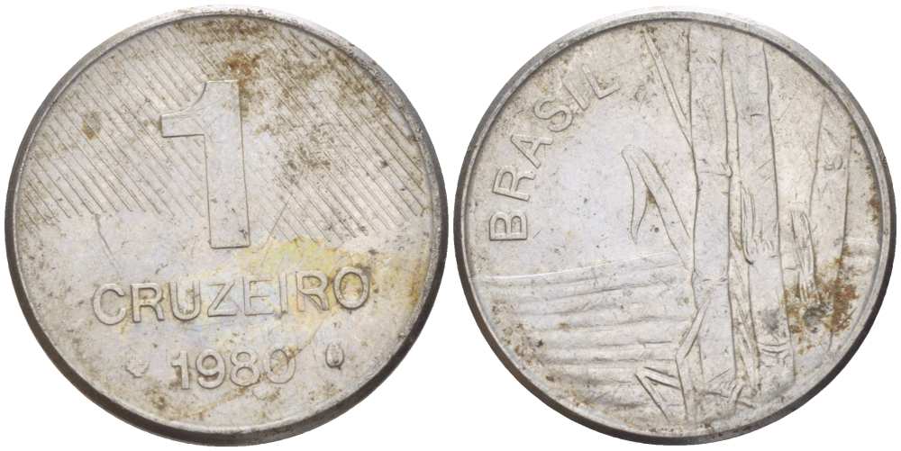 Бразилия 1 крузейро 1980 сахарный тростник KM 590 нержавеющая сталь 51-332