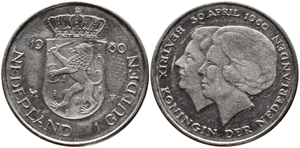 Нидерланды 1 гульден 1980 на коронацию Беатрикс, 30 апреля 1980 KM 200 никель 4391-1252