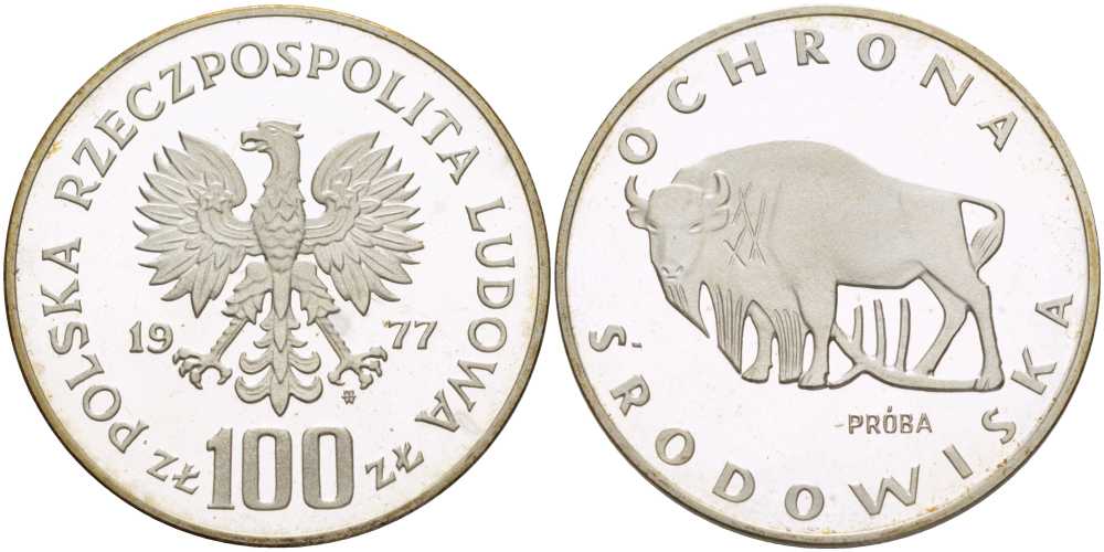 Польша 100 злотых 1977 серия охрана окружающей среды, зубр, пробный выпуск (PROBA), в оригинальной пластиковой упаковке KM Pr311 серебро PROOF 5-3-1-162