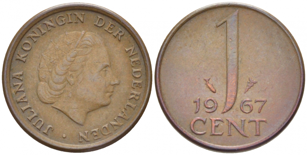 НИДЕРЛАНДЫ 1 ЦЕНТ 1967 ЮЛИАНА KM 180 бронза 3457-1031