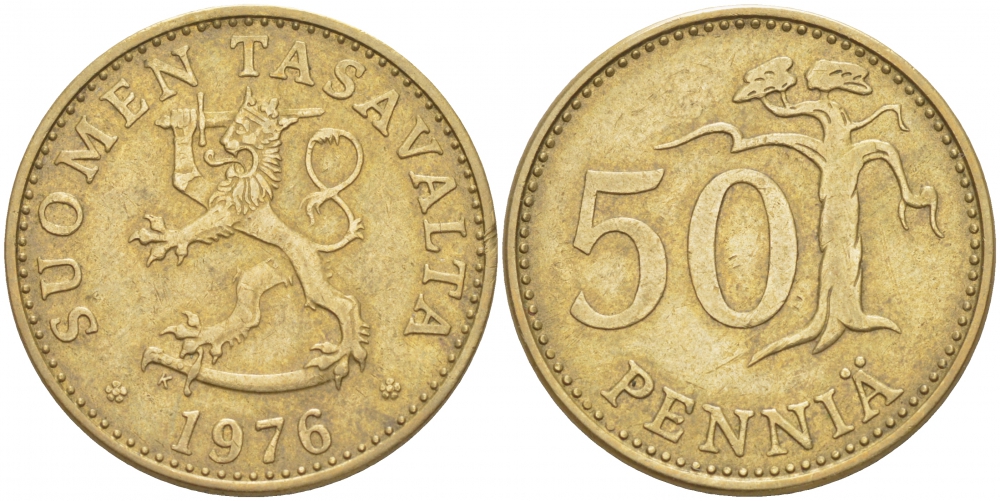 ФИНЛЯНДИЯ 50 ПЕННИ 1976 K KM 48 алюминиевая бронза 213-931