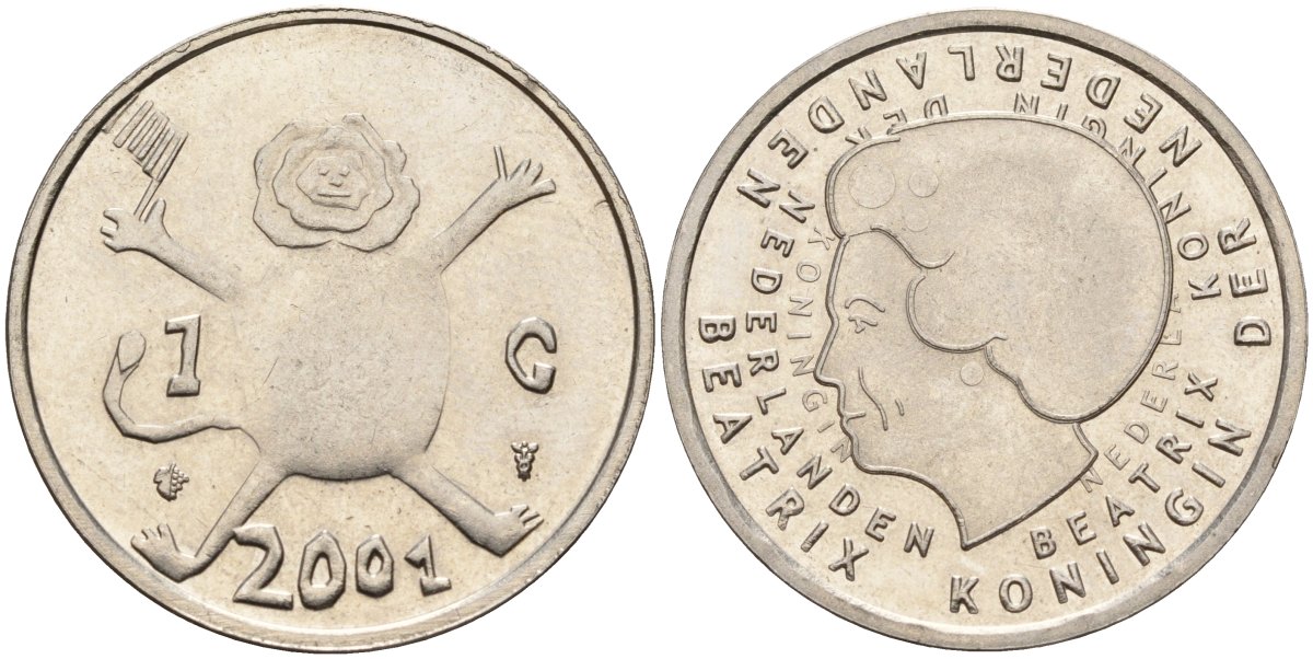 Нидерланды 1 гульден 2001 прощай гульден, детский рисунок, лев с флагом в руках KM 233 никель 4141-137