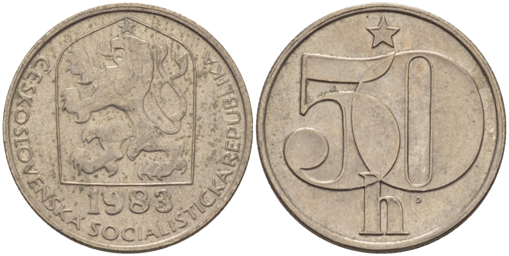 ЧЕХОСЛОВАКИЯ 50 ГЕЛЛЕРОВ 1983 СОЦИАЛИСТИЧЕСКАЯ РЕСПУБЛИКА KM 89 медно-никель 4384-1152