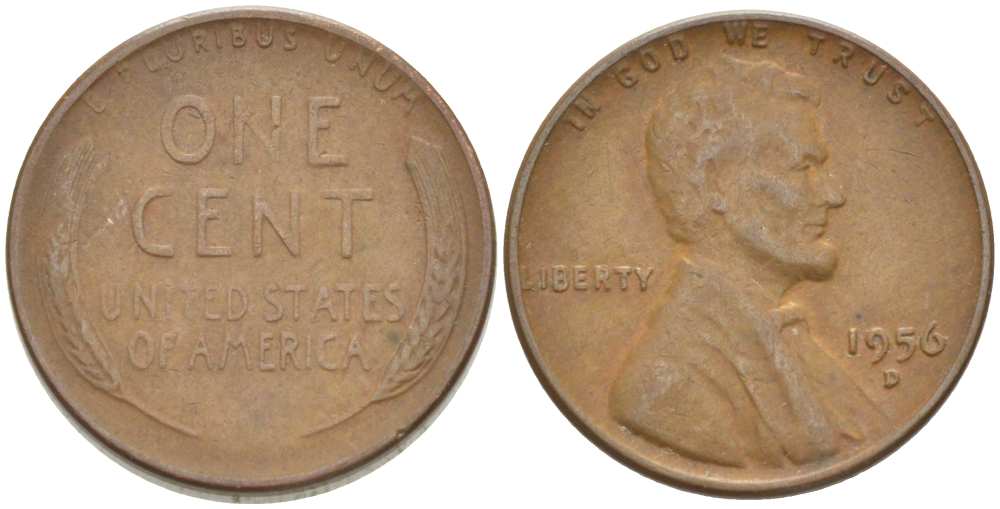 США 1 ЦЕНТ 1956 D, ЛИНКОЛЬН KM А132 медь цинк 3309-1152