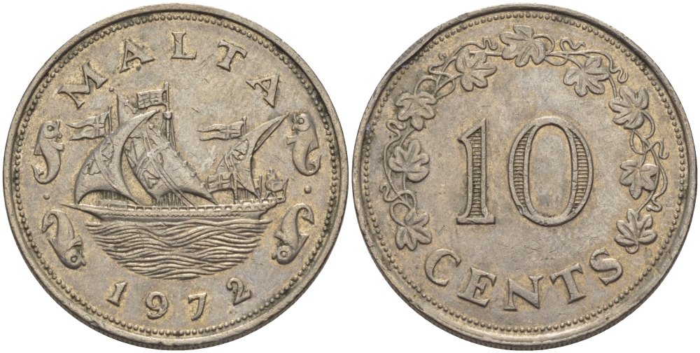 Мальта 10 центов 1972 баржа Великого магистра KM 11 медно-никель 82-413