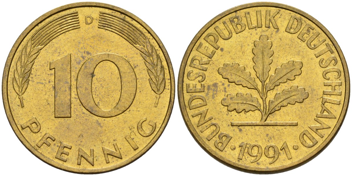 ФРГ 10 пфеннигов 1991 D KM 108, J. 383 сталь плакированная латунью 4175-1132
