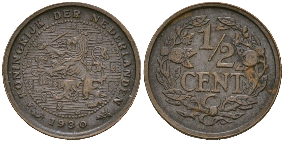 Нидерланды 1/2 цента 1930 Вильгельмина (1890-1948) KM 138 бронза 4169-454