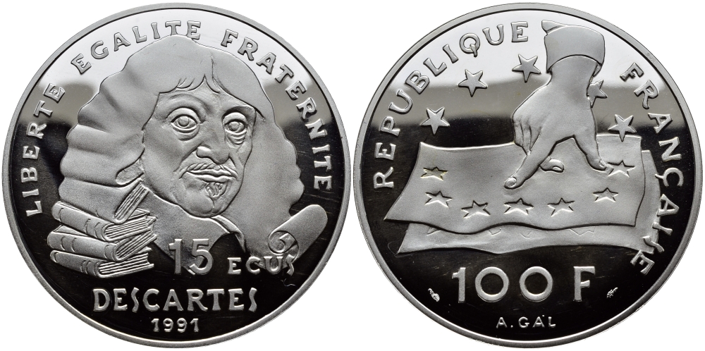Франция 100 франков - 15 экю 1991 Декарт KM 1002 серебро PROOF 1091-1-63