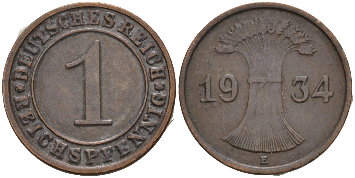 Германия 1 рейхспфенниг 1934 E KM 37, J. 313 бронза 4516-235