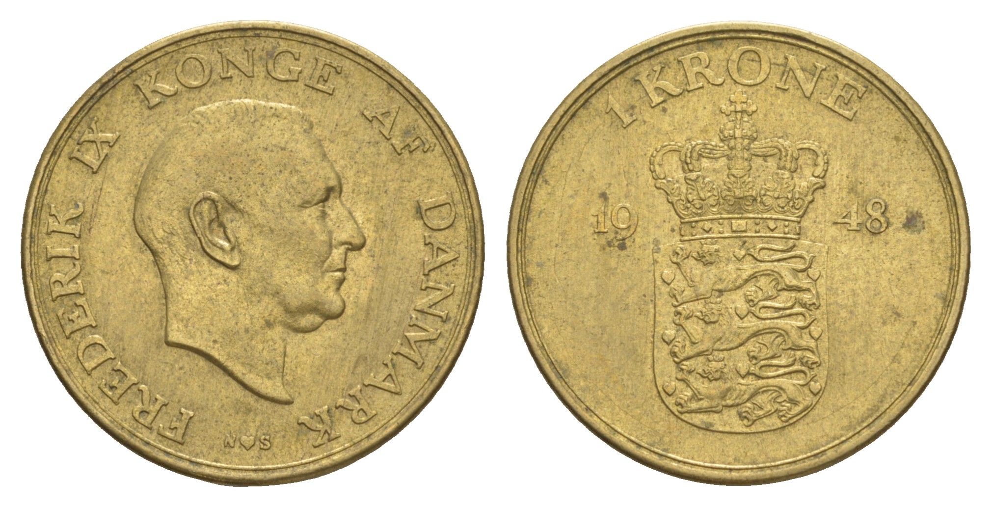 Дания 1 крона 1948 N, Фредерик IX (1947-1972) KM 837 алюминиевая бронза 4638-717