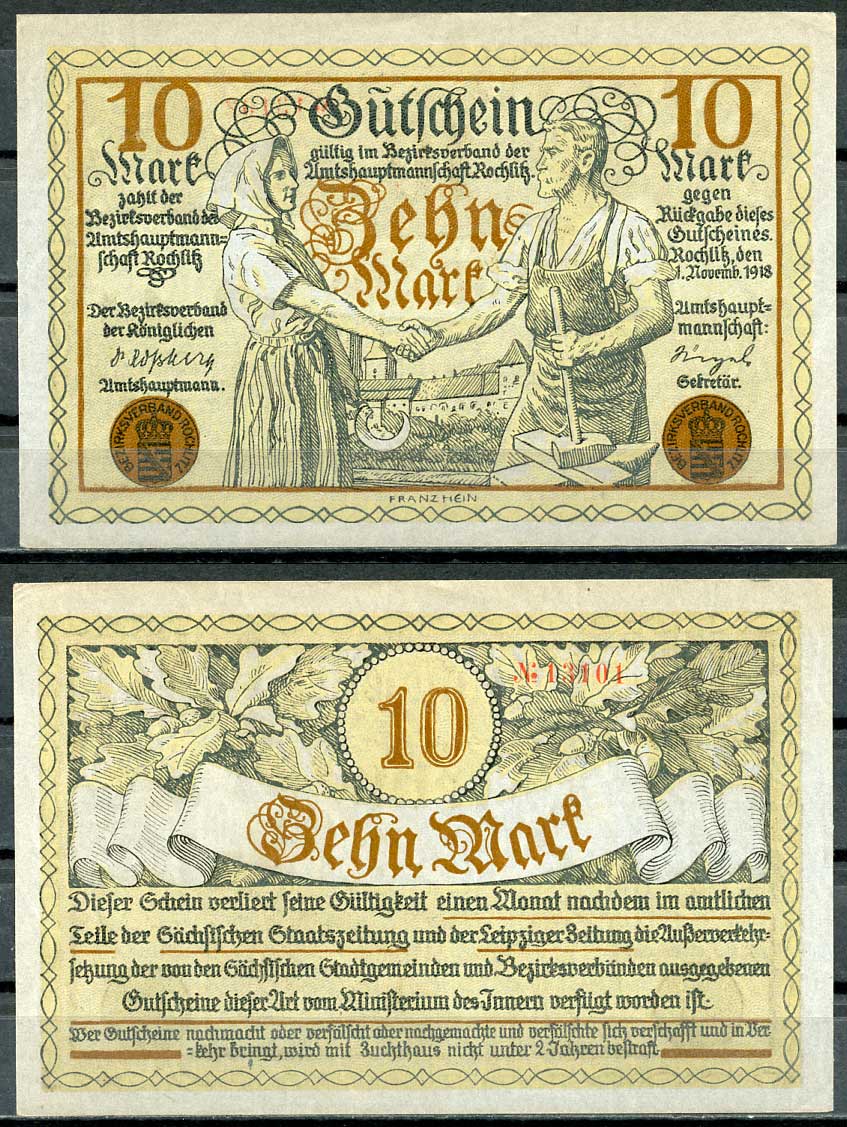 Германия, Рохлиц 10 марок 1918 нотгельд, 1.11.1918, союз крестьян и рабочих Geiger 451.03  бумага  UNC (пресс) 444-90-1-2