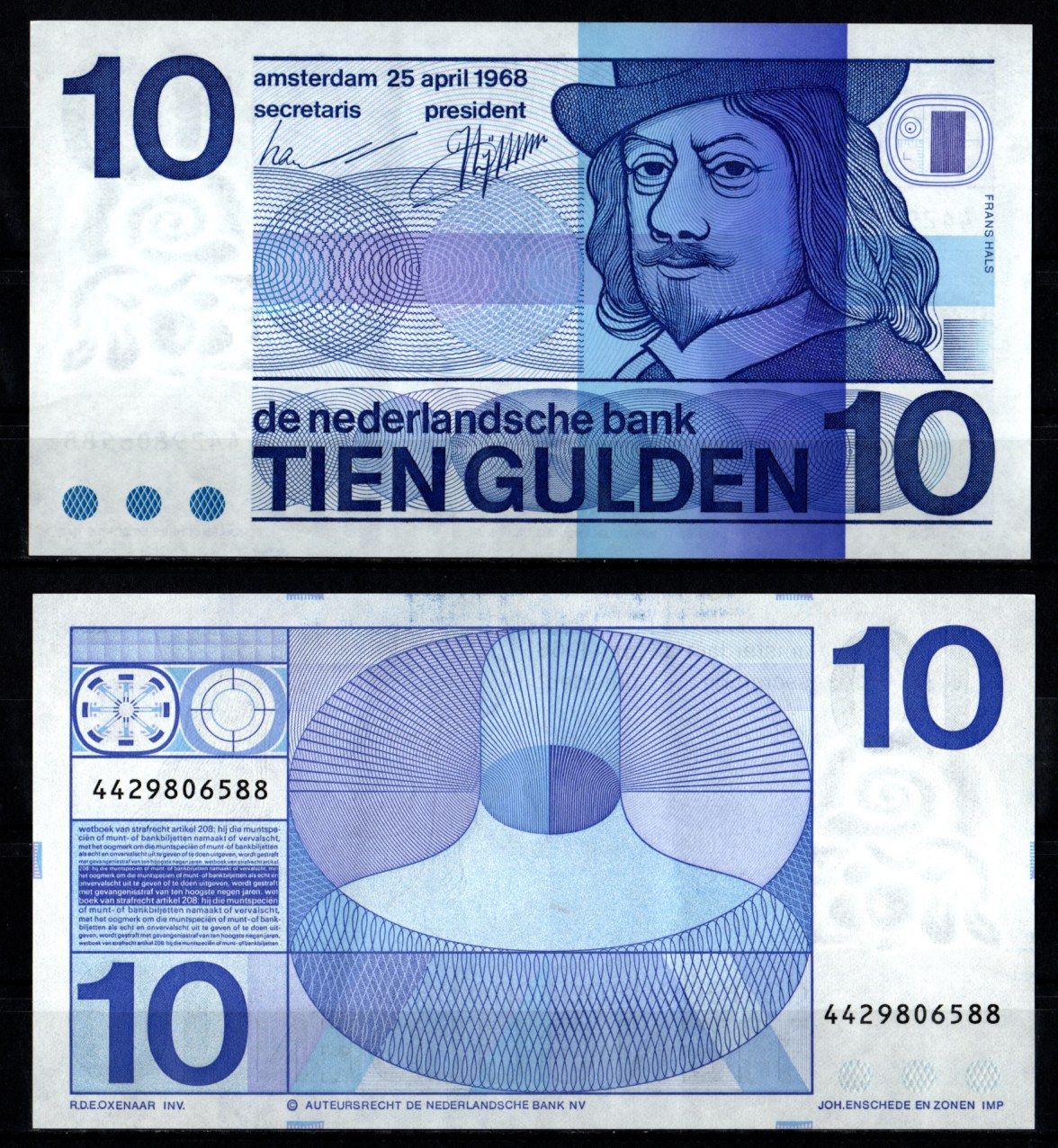 Нидерланды 10 гульденов 1968 Pick 91 b бумага 444-41-2-1