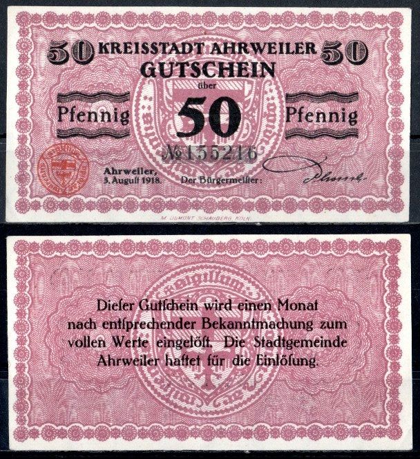 Арвайлер (Пруссия, Рейн) 50 пфеннигов 1918 Mehl Grabowski A3.2b бумага UNC (пресс) 7555-60-4-2