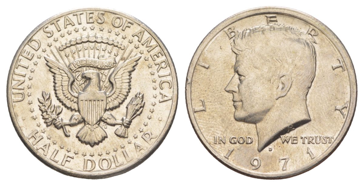 США 1/2 доллара (50 центов) 1971 D, Джон Кеннеди KM 202b медь плакированная медно-никелем aUNC 88-1015