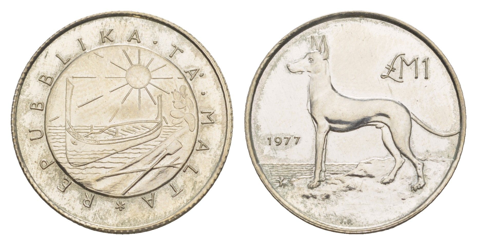 Мальта 1 лира 1977 Мальтийская охотничья (Фараонова) собака KM 45 серебро BU 1528-1422