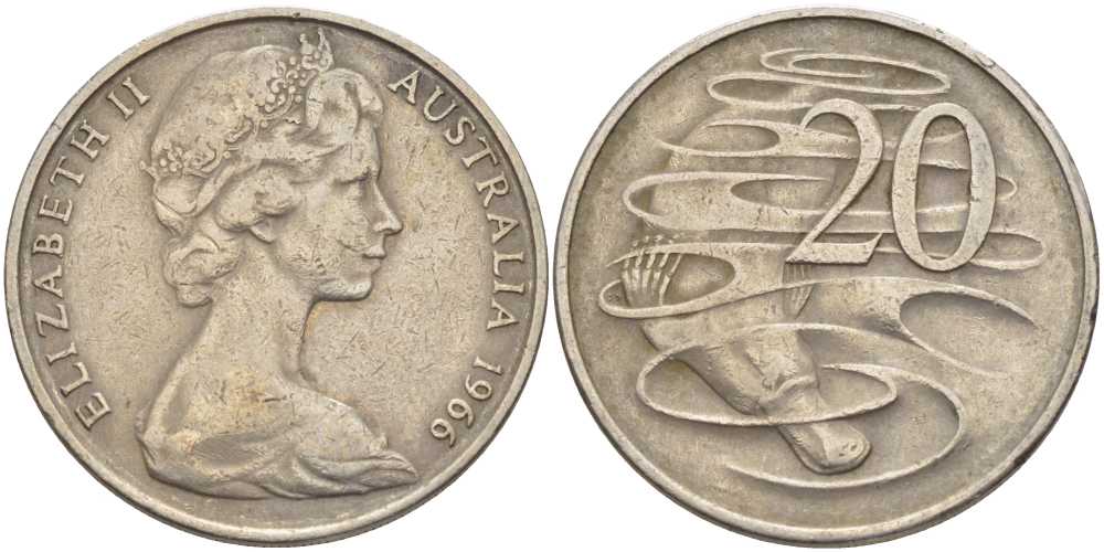 Австралия 20 центов 1966 Елизавета II (1952-2022), утконос KM 66 медно-никель 4382-443