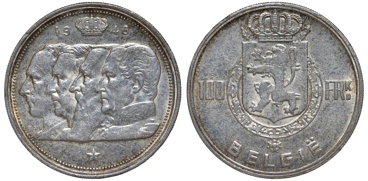 Бельгия 100 франков 1948 Belgie, королевская династия KM 139.1 серебро    1530-635