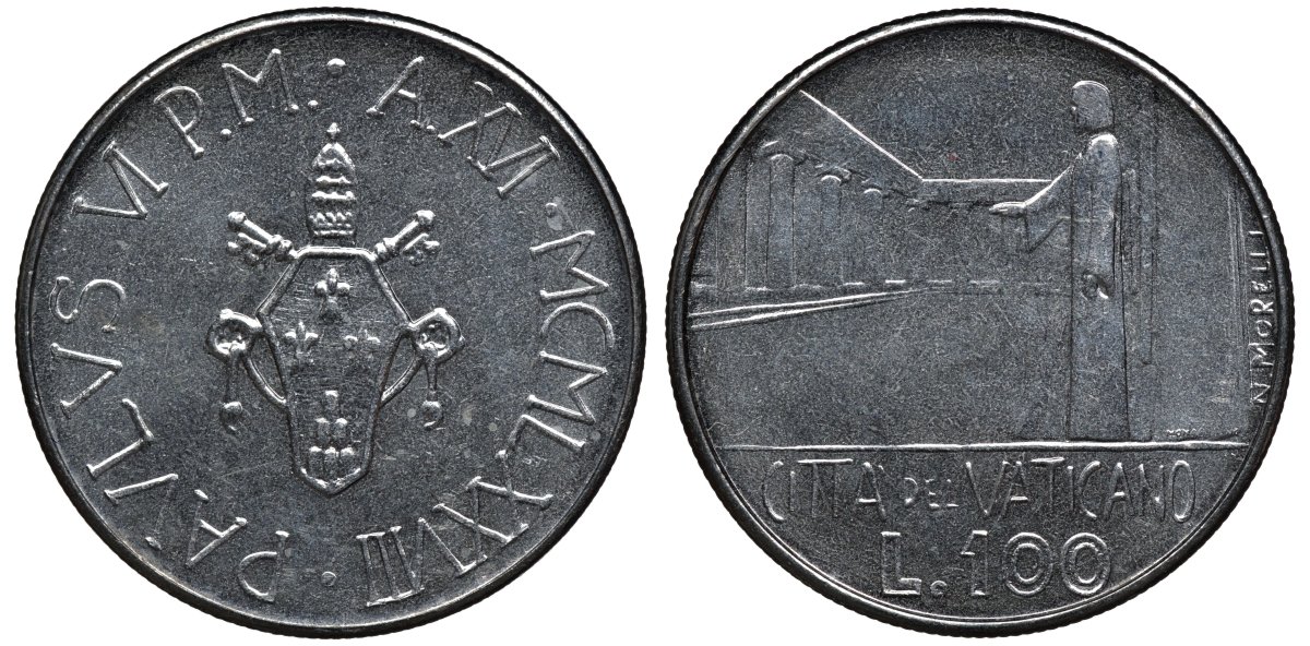 Ватикан 100 лир 1978 Иоанн Павел II (1979-2001) KM 137 нержавеющая сталь UNC 4579-654