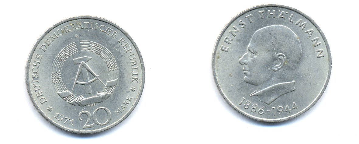 ГДР 20 марок 1971 A, 85 лет со дня рождения Эрнста Тельмана KM 34, J. 1535 медно-никель 3333-532