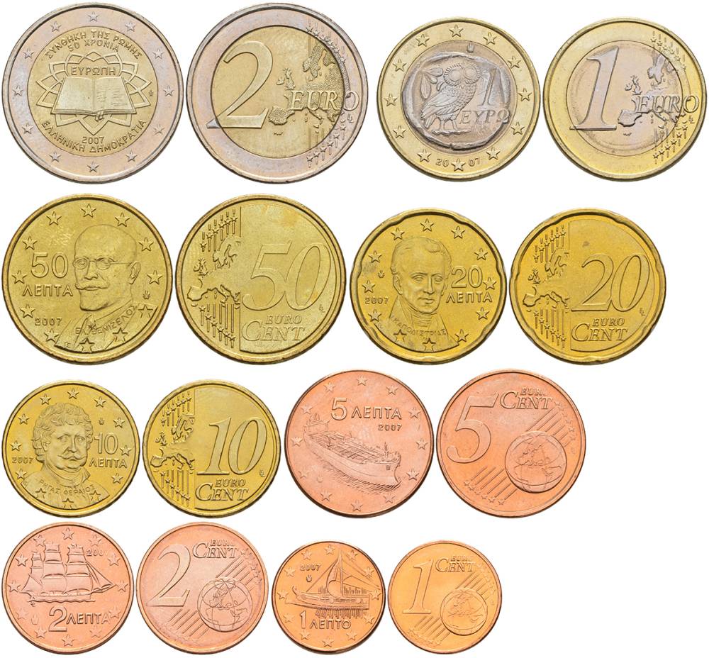 ГРЕЦИЯ ЕВРОНАБОР ИЗ 8 МОНЕТ 2007 1, 2, 5, 10, 20, 50 ЕВРОЦЕНТОВ, 1 И 2 ЕВРО UNC 68-851