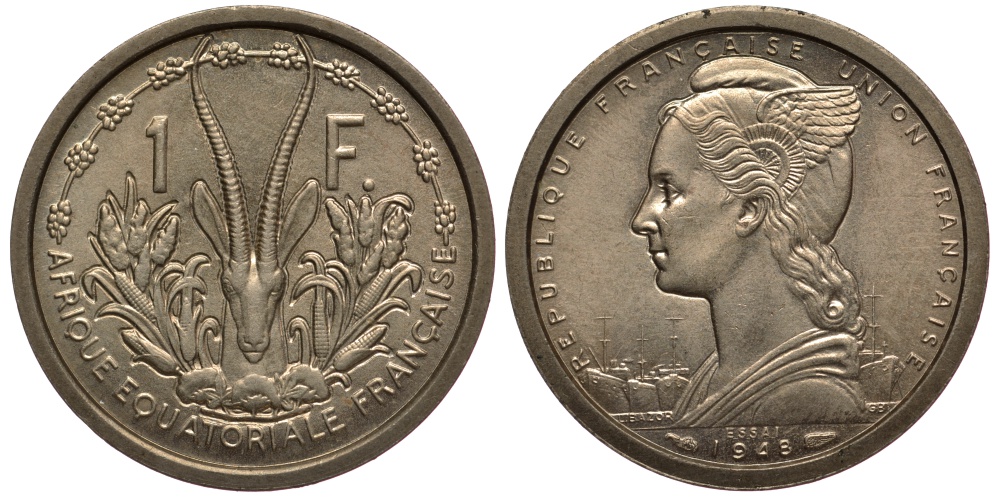 Французская Экваториальная Африка 1 франк 1948 PROBA, ESSAI KM E1 медно-никель UNC 5010-725