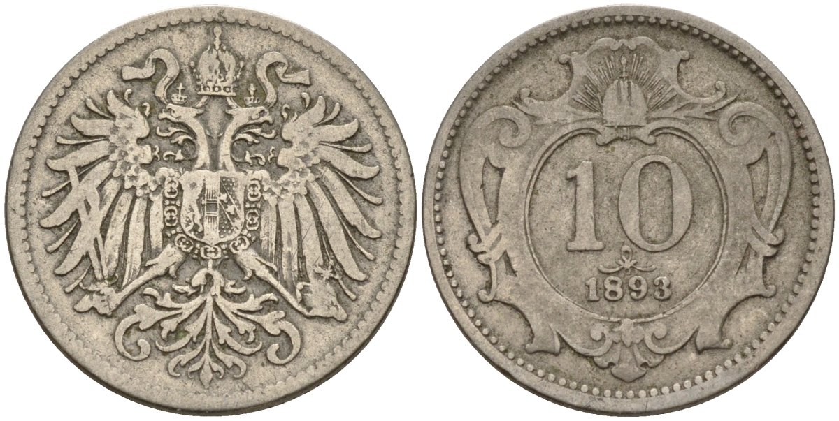 Австрия 10 геллеров 1893 Франц Иосиф (1848-1916) KM 2802 никель 4152-122