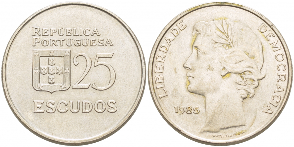 Португалия 25 эскудо 1985 KM 607а медно-никель 4403-842