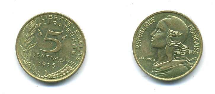 ФРАНЦИЯ 5 САНТИМОВ 1976 ТИП MARIANNE KM 933, LE FRANC 125.12 алюминиевая бронза 84-1538