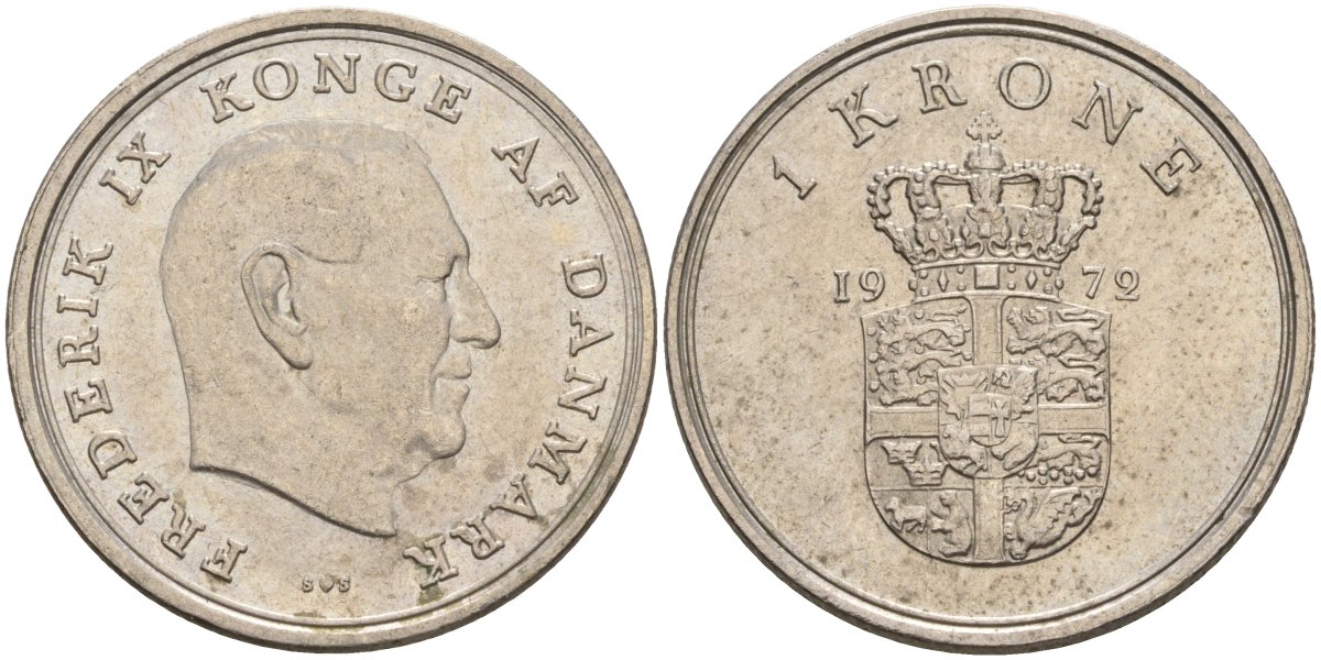 Дания 1 крона 1972 C; S, Фредерик IX (1947-1972) KM 851.1 медно-никель 4605-741